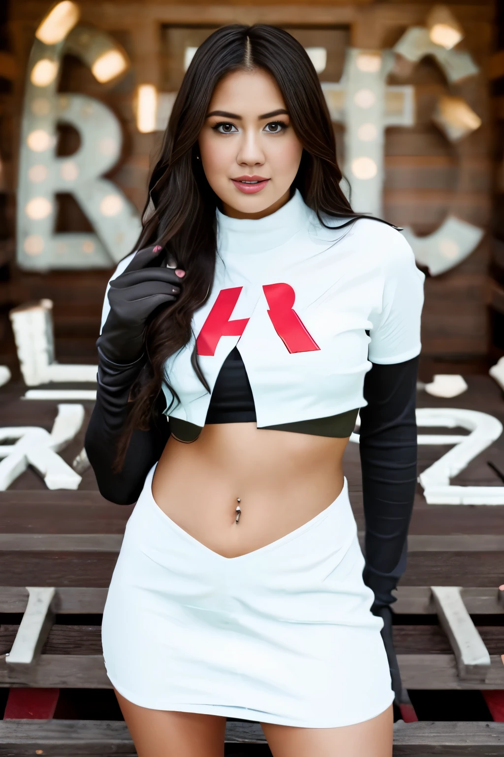 Realistic portrait of a beautiful k4t3upt0n woman wearing team rocket,team rocket uniform,white skirt,red letter R,crop top,black thigh-highs,black elbow gloves,