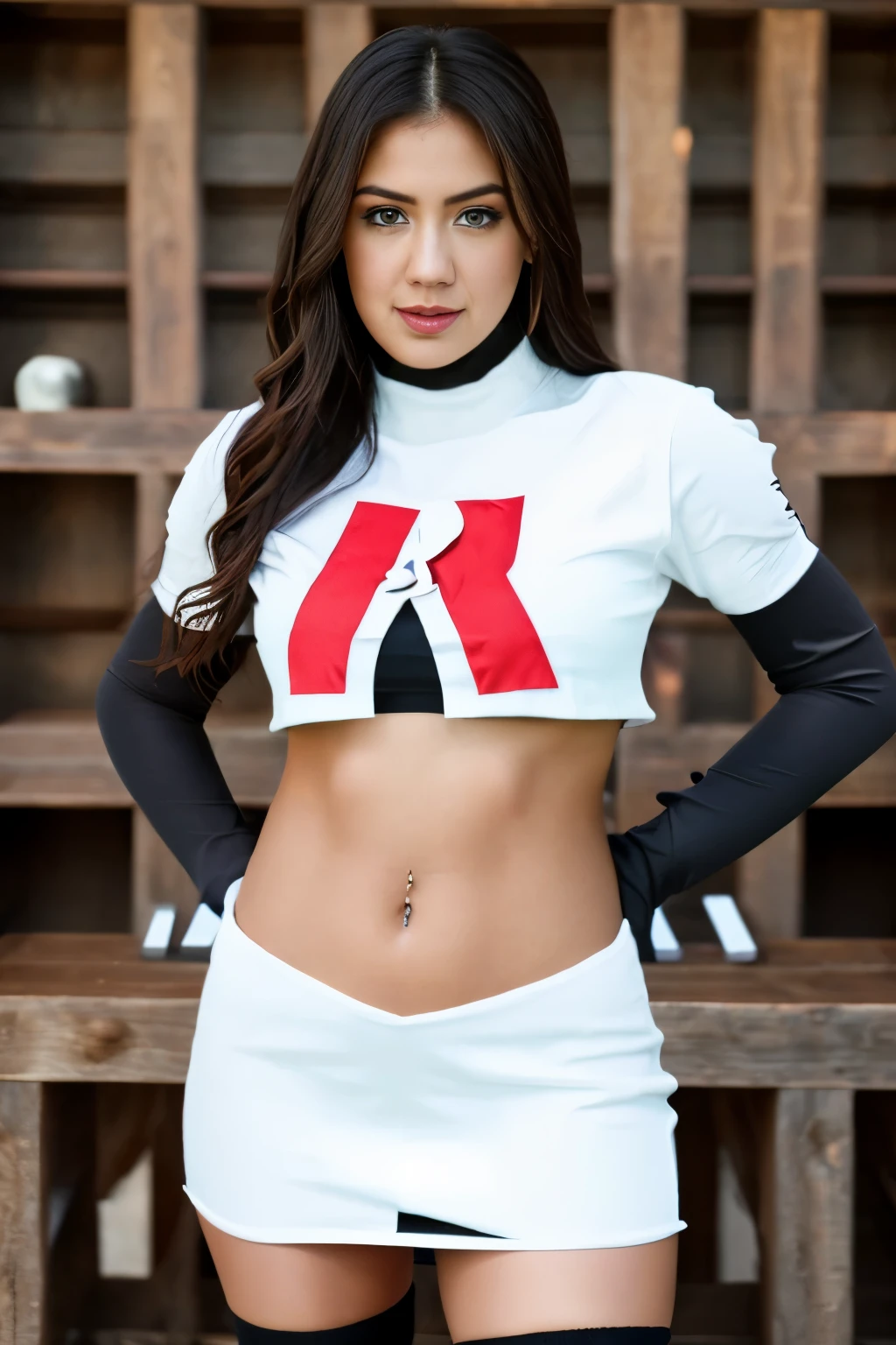 Realistic portrait of a beautiful k4t3upt0n woman wearing team rocket,team rocket uniform,white skirt,red letter R,crop top,black thigh-highs,black elbow gloves,