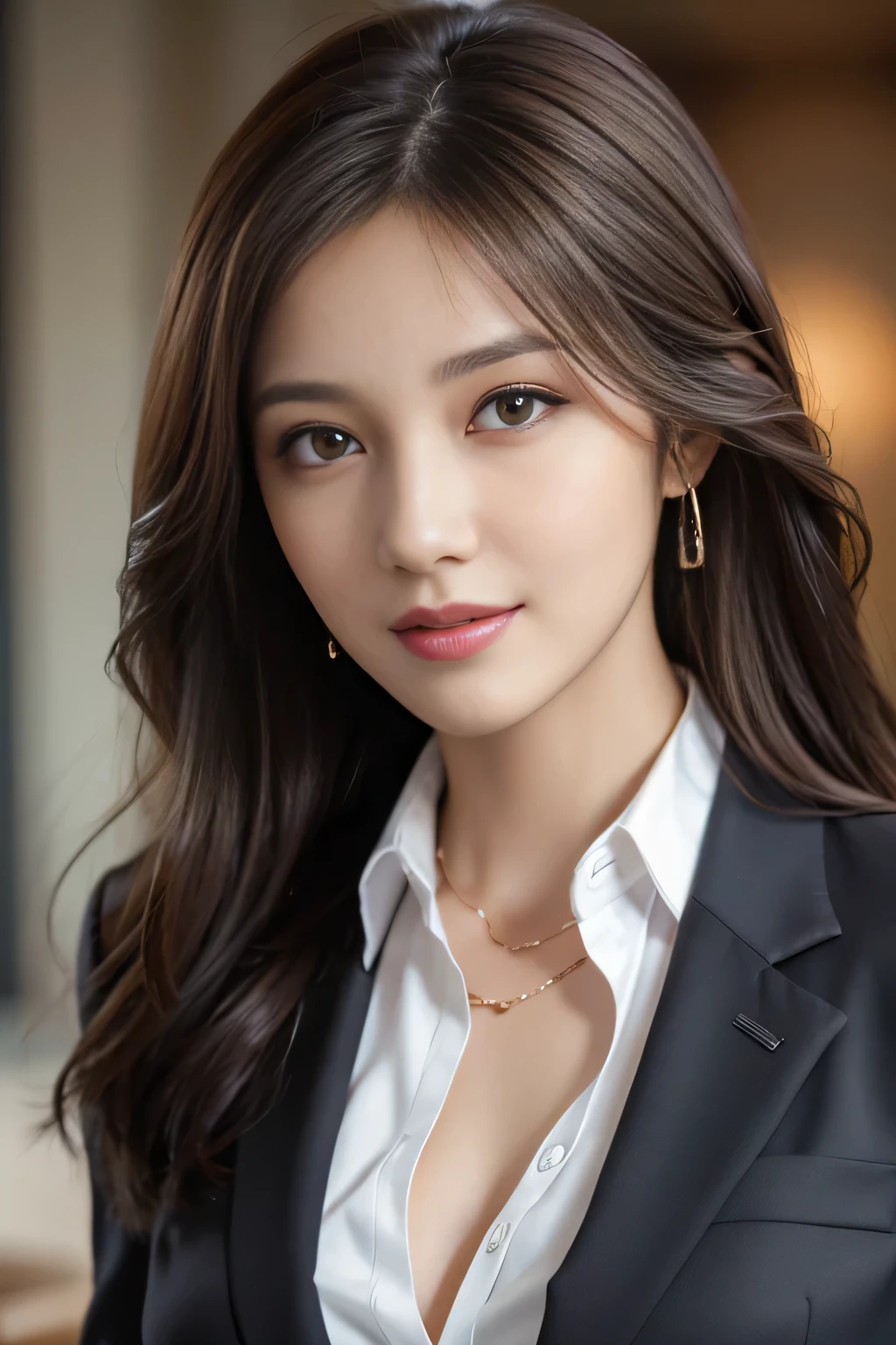 table top, highest quality, realistic, Super detailed, finely, High resolution, 8k wallpaper, 1 beautiful woman,, light brown messy hair, wearing a business suit, sharp focus, perfect dynamic composition, beautiful and detailed eyes, thin hair, Detailed realistic skin texture, smile, close-up portrait, model body shape
