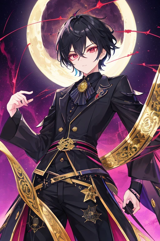 （（masterpiece：1.4，best quality））++，（Ultra-detailed）+，（best quality，Ultra-detailed，Bright colors，colorful，dynamic角度，high contrast：1.2），a little boy，Height about 145cm，Very short，Dark Shota Properties，short hair，Different pupils，Wearing a black top hat on one side of his head，Black spiderweb lace at base，European styleclothing，Short pants，element，傀儡element，mystery。European style，circus，magician，delicate face，Exquisite facial features，（from below：0.5）， Fashion， Energetic， clothing， pose， front， colorful， dynamic， background， element， confidence， Express， statement， Accessories， majestic， coil， around， Scenes， cover， Bold， striking， Fashion， font， catchy， striking， modern， Fashion， focus， Fashion，night，moon，stage，Performance，声势浩大的Scenes，light