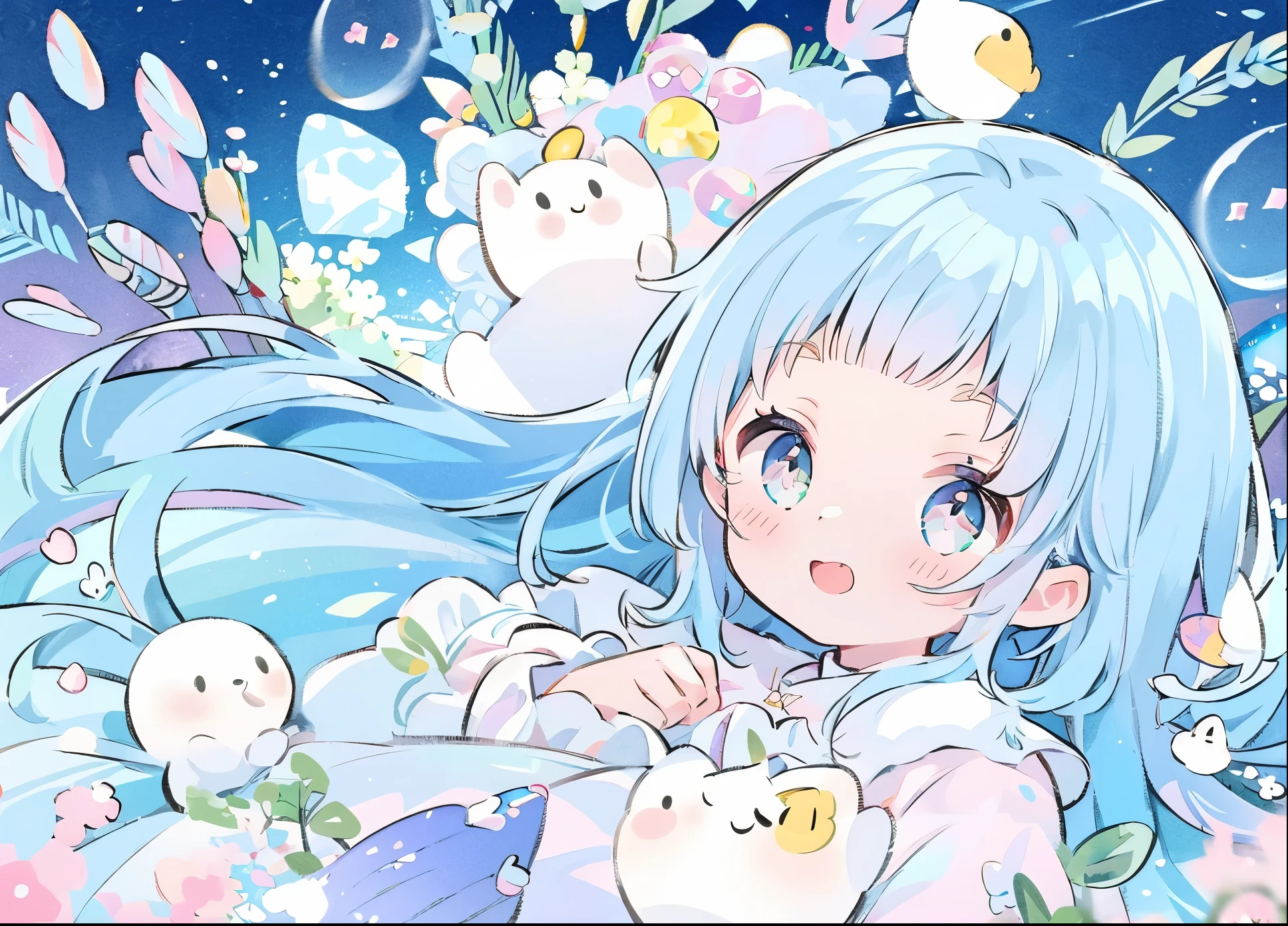 masterpiece, One girl, light blue hair, best quality, 8k resolution, sharp focus, intricate detail, beautiful girl, sparkling eyes, golden ratio face, otherworldly liquid, watercolor, pastel colors, bright colors, whimsical, colorful, sharp focus, high resolution, fine detail, ((layered tiered puffy long sleeves ballgown)), ((round eyes)), iridescent bubbles, fantasia background, 隠されている手, colorful