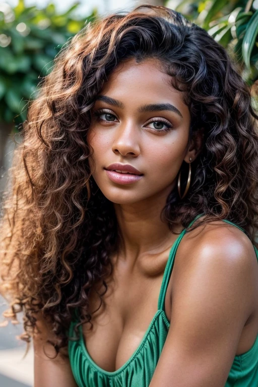 Masterpiece. Best quality, brown-skinned young woman with green eyes and curly hair posing for a picture, soft portrait shot 8 k, beautiful young girl, beautiful portrait image, photo of a beautiful woman, perfect face and eyes, gorgeous face portrait, beautiful young woman, beautiful portrait photo, beautiful model girl, extremely beautiful face, very beautiful young woman, beautiful girl model, beautiful portrait lighting 8k uhd, dslr, high quality, film grain, fujifilm xt3