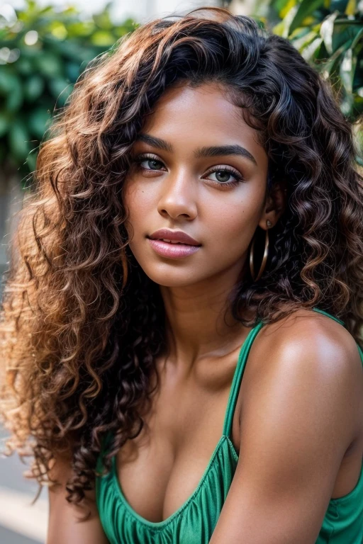 Masterpiece. Best quality, brown-skinned young woman with green eyes and curly hair posing for a picture, soft portrait shot 8 k, beautiful young girl, beautiful portrait image, photo of a beautiful woman, perfect face and eyes, gorgeous face portrait, beautiful young woman, beautiful portrait photo, beautiful model girl, extremely beautiful face, very beautiful young woman, beautiful girl model, beautiful portrait lighting 8k uhd, dslr, high quality, film grain, fujifilm xt3