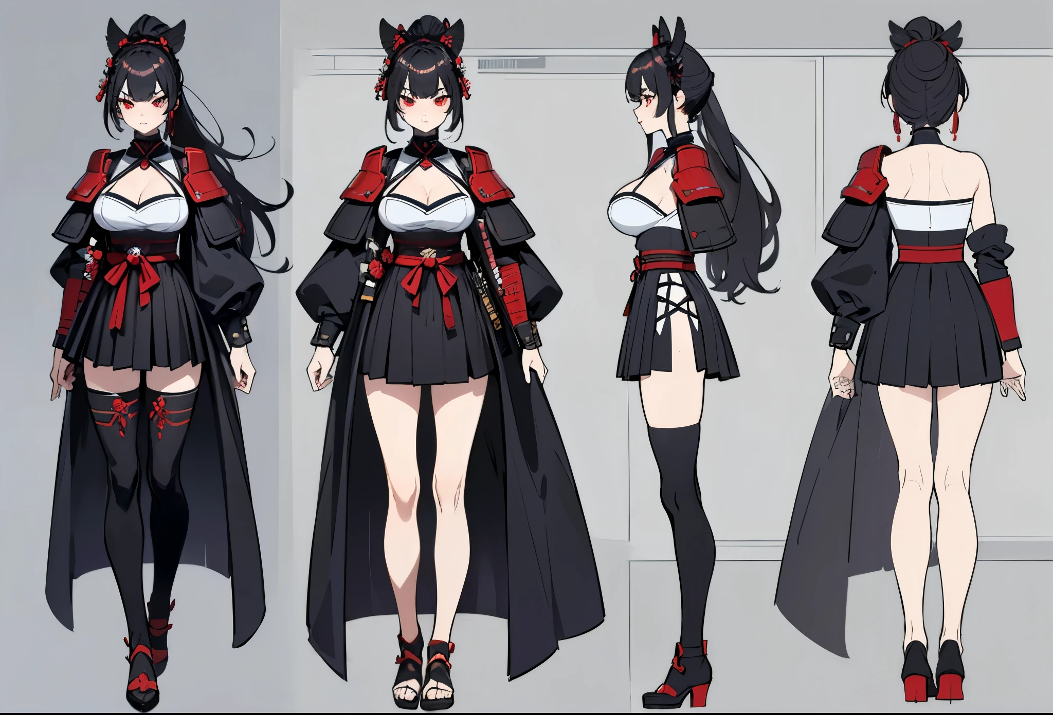 ((masterpiece, top quality)), (detailed face, character sheets, full body, full of details, Multiple poses and expressions, highly detailed, Depth, many parts)((huge breasts)) 1 beautiful woman, black hair , hair tied in a ponytail, red eyes, red lips, black full body samurai armor, cleavage, samurai headdress, serious expression
