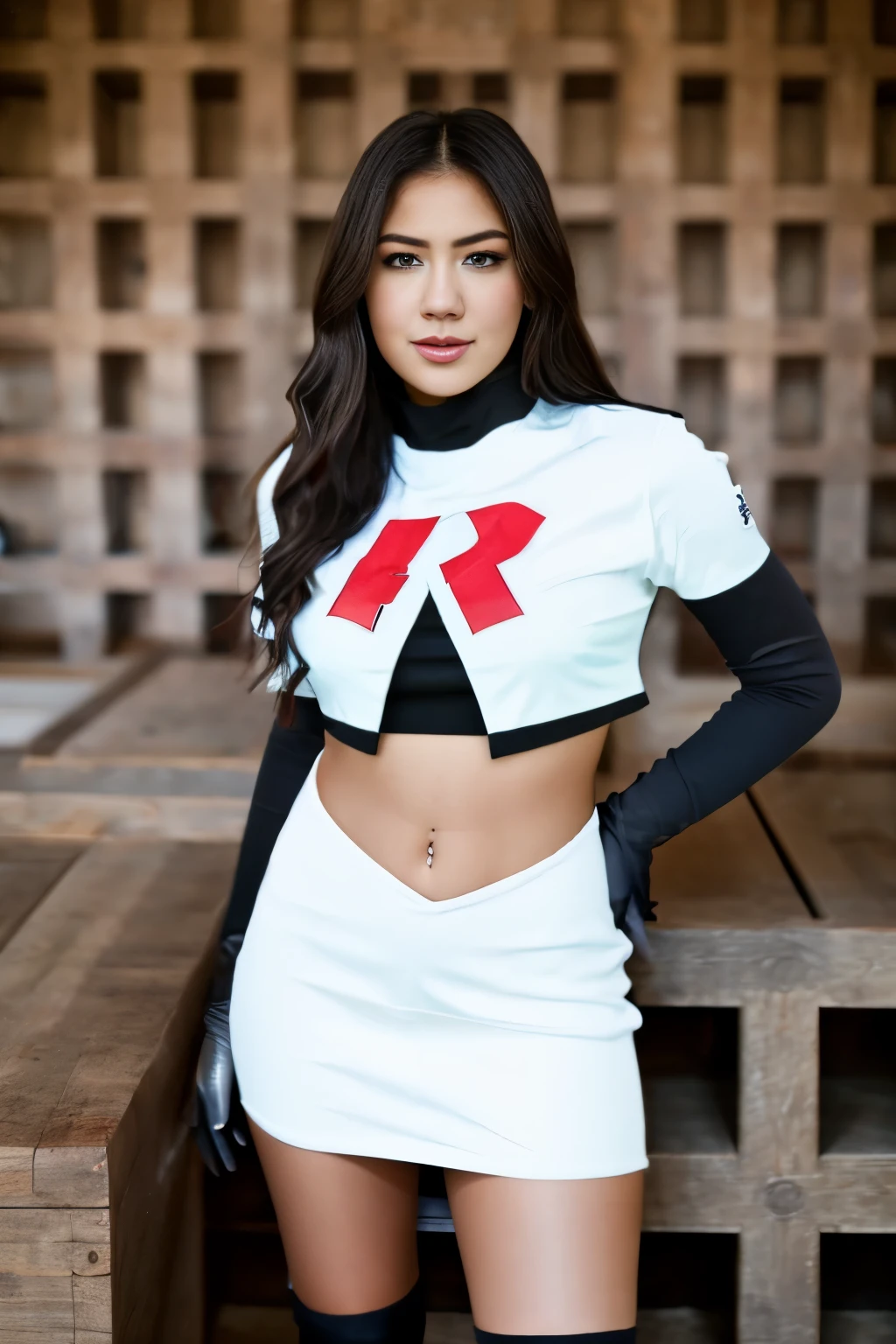 Realistic portrait of a beautiful k4t3upt0n woman wearing team rocket,team rocket uniform,white skirt,red letter R,crop top,black thigh-highs,black elbow gloves,