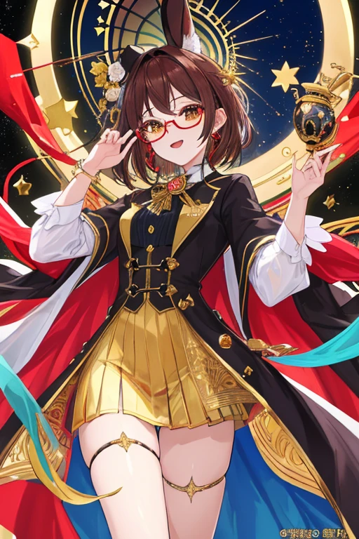 （（masterpiece：1.4，best quality））++，（Ultra-detailed）+，（best quality，Ultra-detailed，bright colors，colorful，dynamic角度，high contrast：1.2），A ager，Height about 159cm，short，Shota，brown hair，Rabbit ears on head，Wearing gold wire glasses，Black magic hat（Ultra-detailed，Exquisite），golden eyes，European styleclothing。European style，circus，magician，Exquisite的脸，Exquisite的五官，（from below：0.5）， Fashion， Energetic， clothing， pose， front， colorful， dynamic， background， element， confidence， Express， statement， Accessories， majestic， coil， around， Scenes， cover， Bold， striking， Fashion， font， catchy， striking， modern， Fashion， focus， Fashion，night，moon，stage，Performance，声势浩大的Scenes，light
