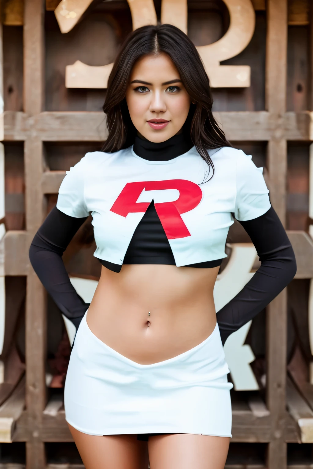 Realistic portrait of a beautiful k4t3upt0n woman wearing team rocket,team rocket uniform,white skirt,red letter R,crop top,black thigh-highs,black elbow gloves,