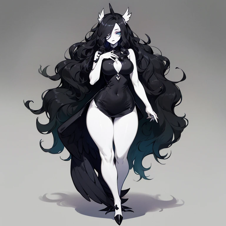 Solo, score_9,score_8_up,score_7_up, kemono style, a young nerdy Anthro furry wolf woman, wolf snout, white furry body, tall, long black messy hair, black hair, hair in a pony tail, hair covering one eye, white wolf tail, blue eyes, white wolf ears, white wolf tail, small breasts, naked, feet paws, 4 toes, plantigrade, pouting, side view, standing