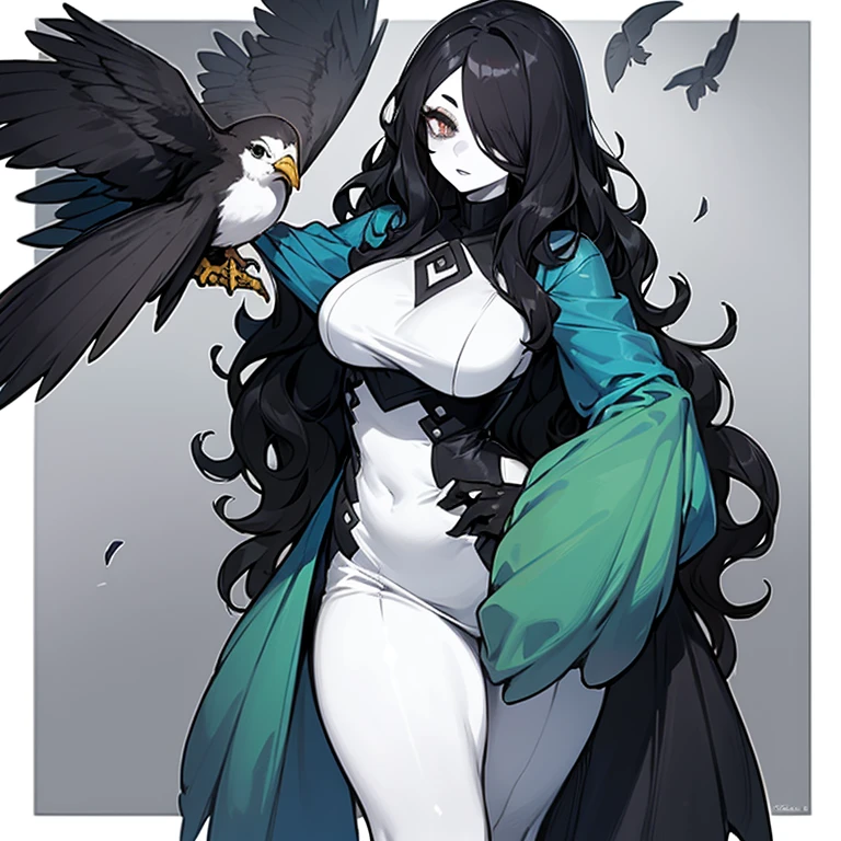 est quality, ((gigantic breasts)), black hair, Has orange wings on his head, The tips of the bangs are blue, Has black tail feathers, The tips of the bangs are blue, Has black tail feathers, wearing a black hat (helmet),