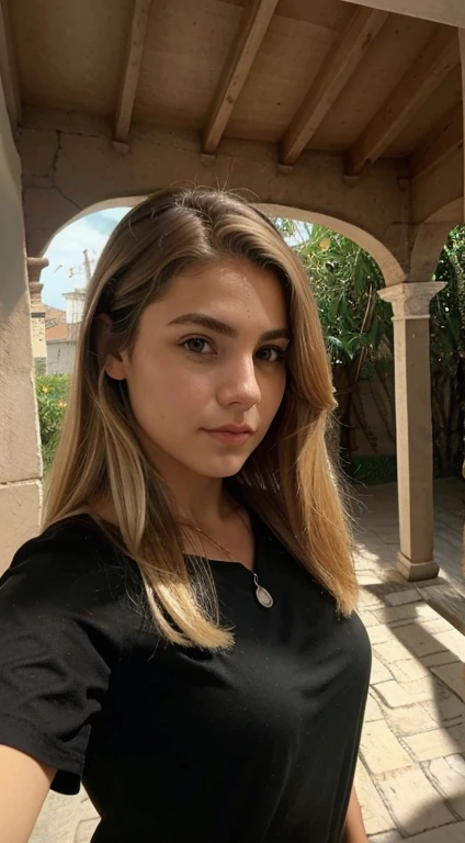 Uma mulher loira de 19 anos, ((seios grandes)), ((hiperrealismo)) ,. Blonde Hair with Light Brown Roots. cabelo loiro, Hair with brown roots, cabelos extra longos, cabelo muito comprido, cabelo muito comprido, Lindo, vista frontal, selfie, Foto tirada com iPhone, camisa preta elegante com escote, escotada, selfie no jardim, alta qualidade, iPhone selfie, decote