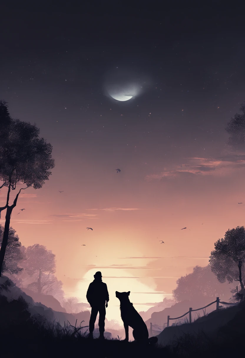 Silhouette of a person looking at the sky with a dog in a night landscape