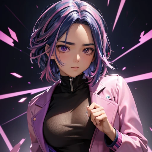 many pink and violet peony flowers, fundo azul, altamente detalhado, hiper-realista, 3D, Octane rendering, cores brilhantes, pintura digital, trend on Artstation, sharp focus,mech, dimension, blue hair, blue color hair, pink gradient in hair, pink spiked hair, black leather jacket, loose face