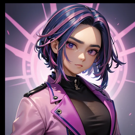 many pink and violet peony flowers, fundo azul, altamente detalhado, hiper-realista, 3D, Octane rendering, cores brilhantes, pintura digital, trend on Artstation, sharp focus,mech, dimension, blue hair, blue color hair, pink gradient in hair, pink spiked hair, black leather jacket, loose face