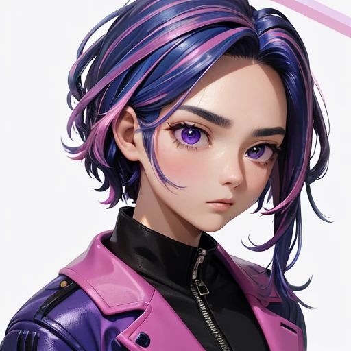 many pink and violet peony flowers, fundo azul, altamente detalhado, hiper-realista, 3D, Octane rendering, cores brilhantes, pintura digital, trend on Artstation, sharp focus,mech, dimension, blue hair, blue color hair, pink gradient in hair, pink spiked hair, black leather jacket, loose face