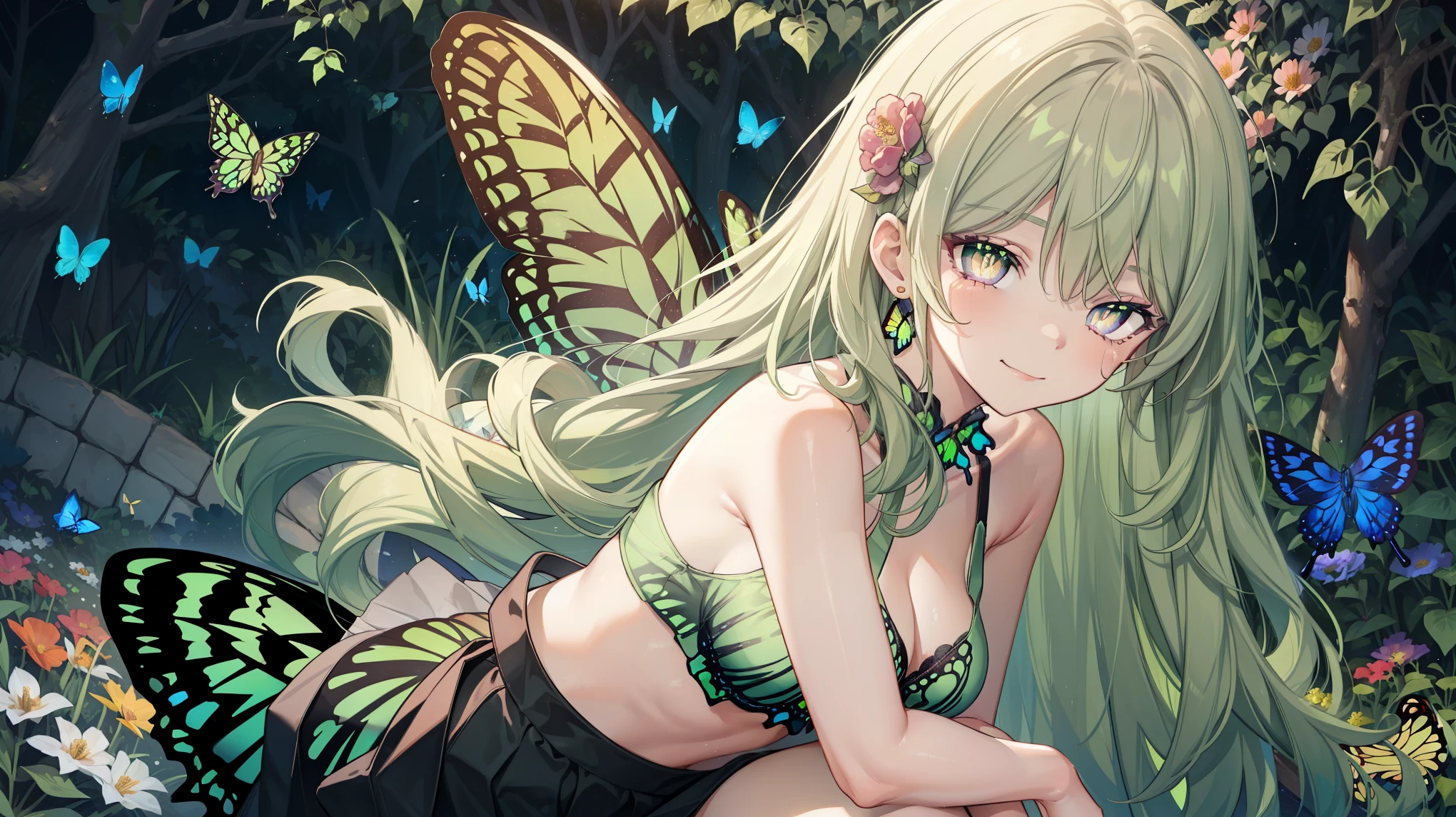 1 girl,Best quality, tmasterpiece, Long green hair, beautiful,detailed eyes, HD, super cute girl, super cute hairstyle, extremely detailed, Visually inspect the audience, The face is slightly red,is shy,adolable,Lori small breasts cleavage, skirt, pleated skirt, frills, frilled bra, (solo:1.6), seductive smile, (green eyes with beautiful pupils:1.7), (on her knees:1.5), (garden background with butterflies and flowers around:1.7),