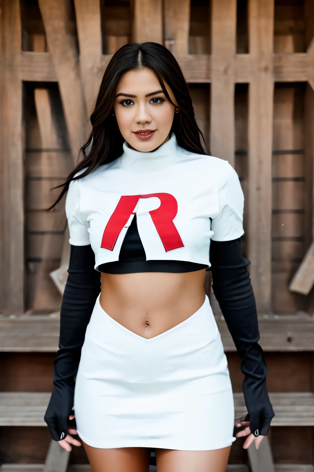 Realistic portrait of a beautiful k4t3upt0n woman wearing team rocket,team rocket uniform,white skirt,red letter R,crop top,black thigh-highs,black elbow gloves,