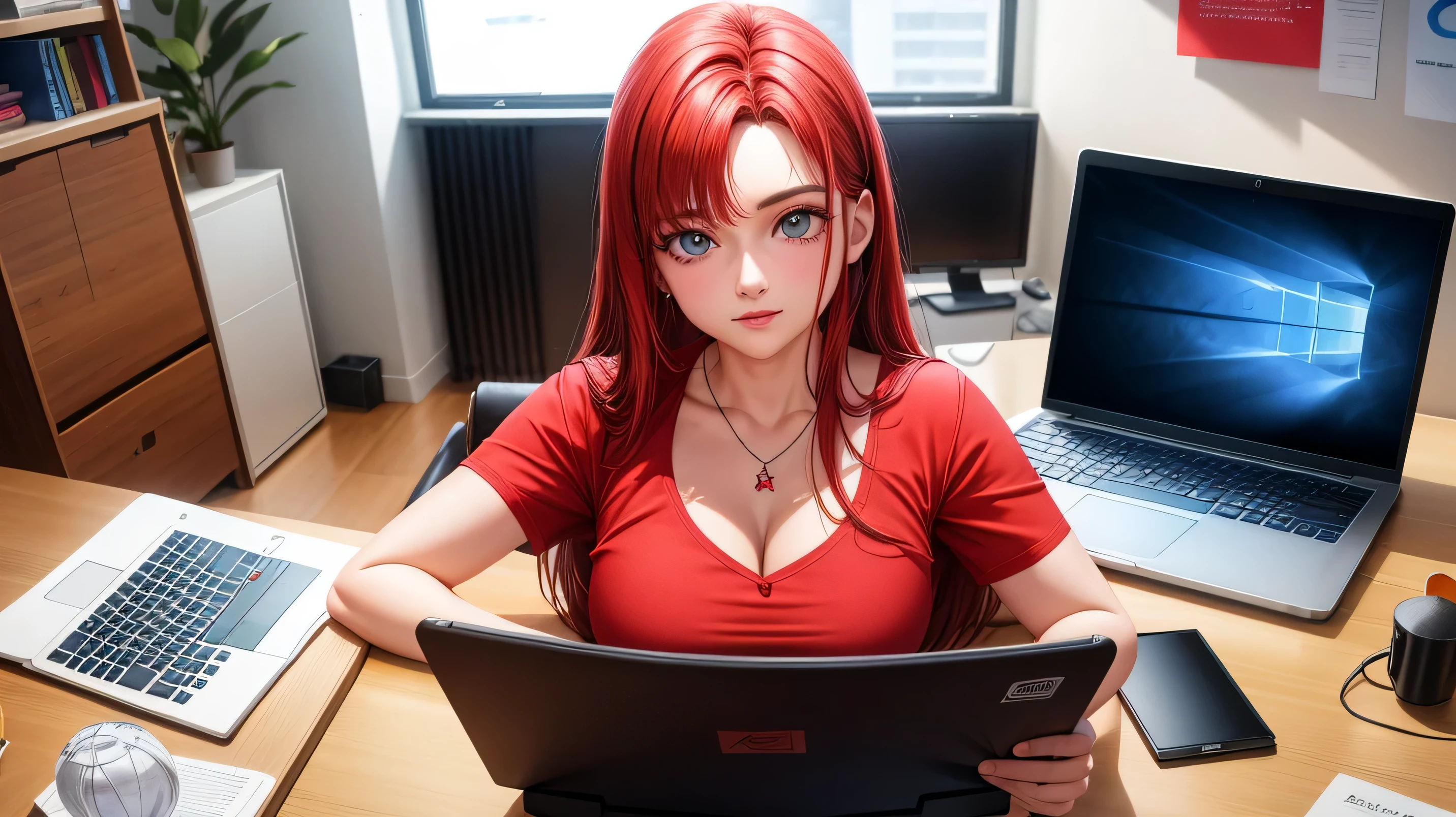 realista, 1 garota, seios grandes, cabelo vermelho, olhos roxos, olhos brilhantes, corte superior, roupa social, Working in an office with a laptop, 8k, full hd, cinematographic