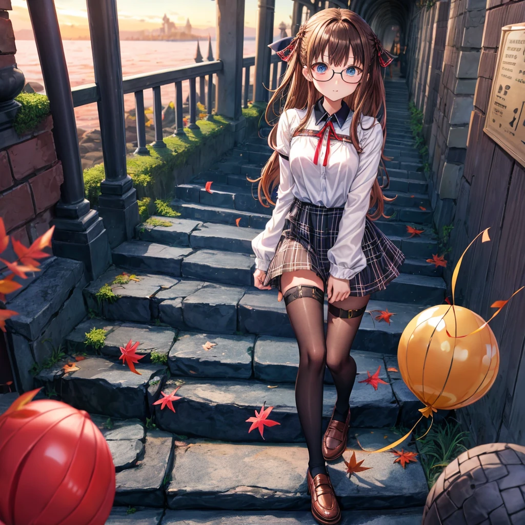 black brown hair、Red-blonde、blue eyes、Braid、one good looking girl、solo、anime、Plaid miniskirt、camisole、black t-shirt、Tilting your face、Doing the ribbon、Ribbon at waist、sunset sky、stone stairs、tunnel、Fallen leaves、wearing glasses、Burning、Light and shadow、maze、balloon、monster castle、lanthanum、corridor、Black socks、mossy stone