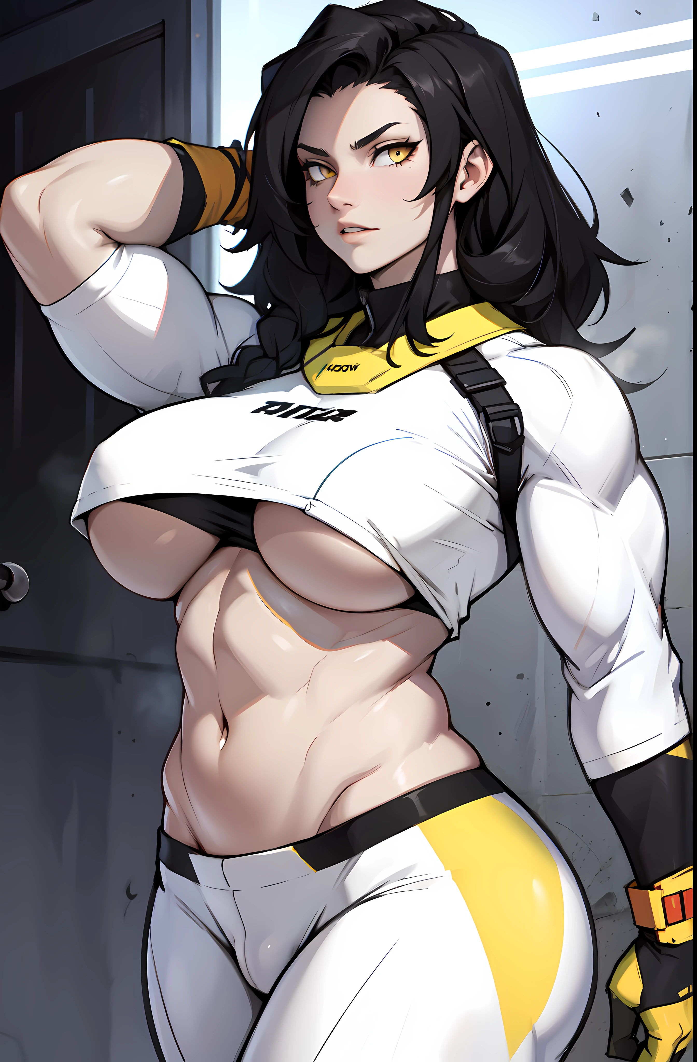muscular girl black hair yellow eyes big tits pale skin