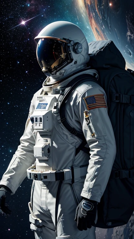 The astronaut stands out in the cosmic vastness, clad in their spacesuit that reflects the beauty and immensity of the universe. Their armor is like a walking constellation, speckled with LED lights that mimic the twinkling diversity of outer space. A transparent visor shields their face, revealing curious eyes reflecting the distant stars.

The helmet, adorned with galaxy patterns, is a window to the unknown. As they move, tiny particles of cosmic dust float around them, like star sparks refusing to stay fixed. On their shoulder, an embroidered emblem represents the constellation from which they originated, a tribute to the earthly origins that propelled them beyond the planet's borders.

The backpack on the suit displays an oxygen reservoir with a design inspired by the spirals of a galaxy. Each breath is an exchange with the cosmos, a constant reminder of their ephemeral presence in the intergalactic vastness. Their suit, resilient and futuristic, appears to be a fusion of advanced technology and elements inspired by the mystical beauty of space.

As they float in the vacuum of the cosmos, the astronaut seems like a moving point of light, navigating among stars and nebulae. Their suit is a celebration of space exploration, a link between humanity and the infinite universe stretching before them.