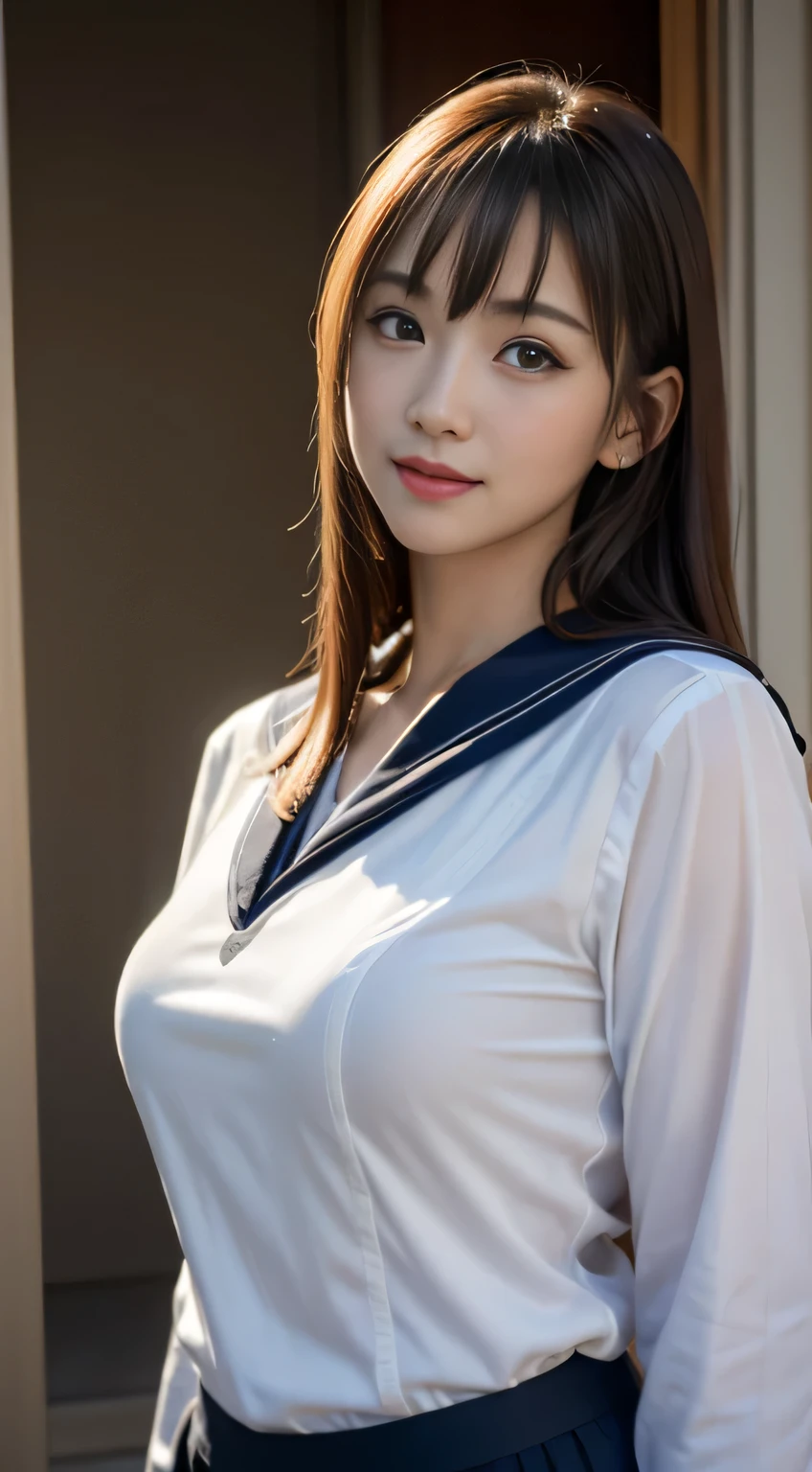 White see-through blouse,Face Interview, (Photoreal:1.4), (hyper realistic:1.4), (realistic:1.3), (smooth lighting:1.05), (Improve video lighting quality:0.9), 1 female, 18 year old female, realistic lighting, Backlight, facial light, ray tracing, (cheerfulness:1.2), (Improved image quality:1.4), (Highest quality realistic textured skin), finely tuned, small face, red cheeks, slender body, medium-breasted pointed jaws,,,,,,,,,,,,, Japan idol system, Nogizaka idol, glowing skin, fiery idol pose, P, dull bangs, black hair, hair behind the ear, shoulder hair, long hair,tear bag，Summer plateau、no makeup、(half sailor suit:1.2)