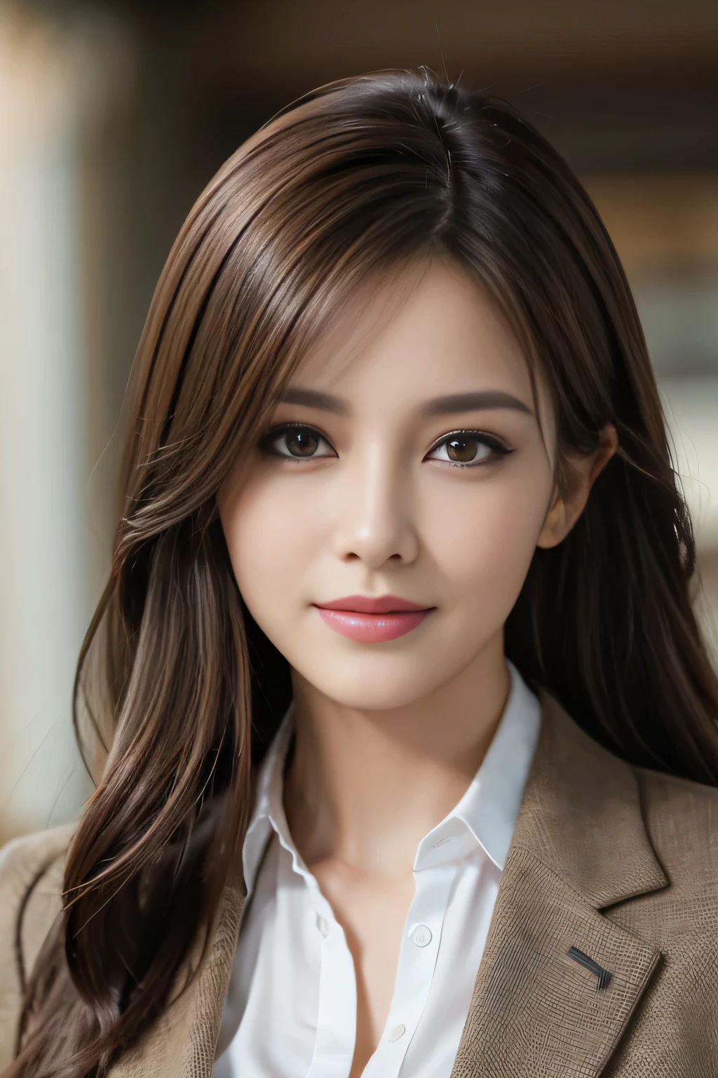 table top, highest quality, realistic, Super detailed, finely, High resolution, 8k wallpaper, 1 beautiful woman,, light brown messy hair, wearing a business suit, sharp focus, perfect dynamic composition, beautiful and detailed eyes, thin hair, Detailed realistic skin texture, smile, close-up portrait, model body shape
