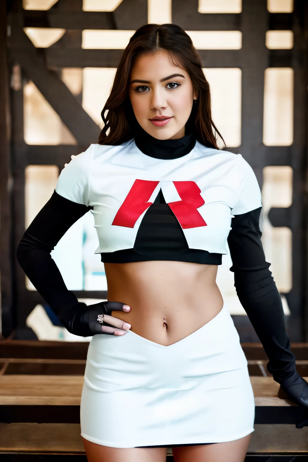 Realistic portrait of a beautiful k4t3upt0n woman wearing team rocket,team rocket uniform,white skirt,red letter R,crop top,black thigh-highs,black elbow gloves,