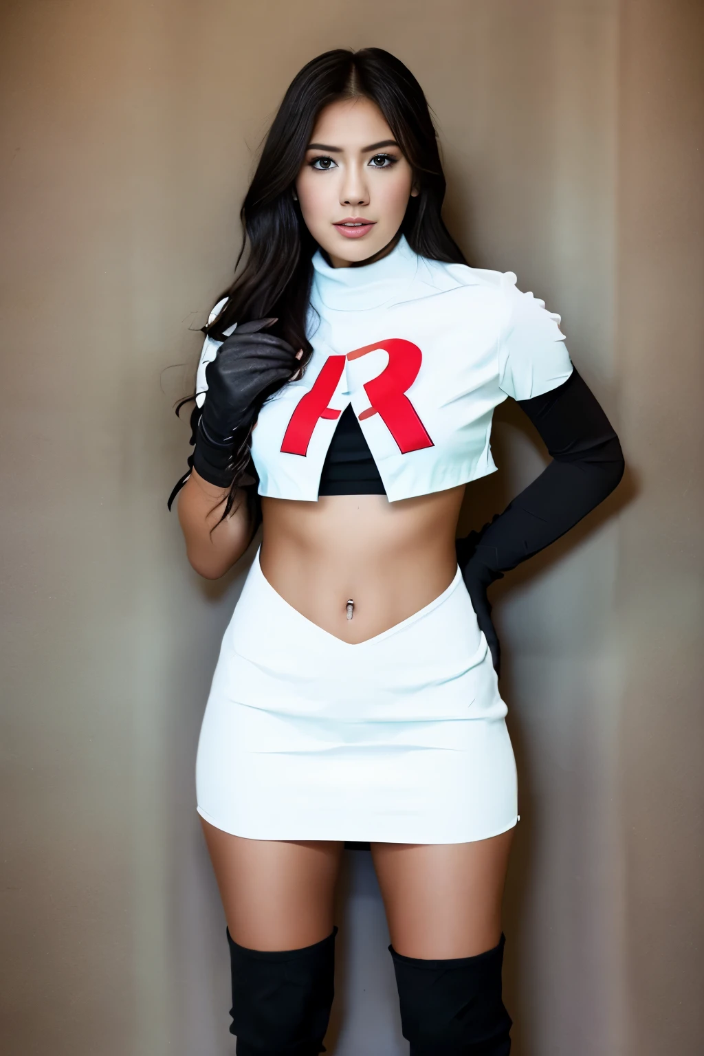 Realistic portrait of a beautiful k4t3upt0n woman wearing team rocket,team rocket uniform,white skirt,red letter R,crop top,black thigh-highs,black elbow gloves,