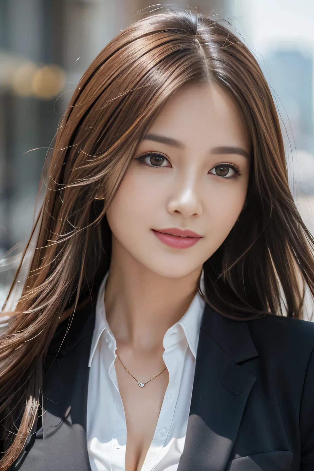 table top, highest quality, realistic, Super detailed, finely, High resolution, 8k wallpaper, 1 beautiful woman,, light brown messy hair, wearing a business suit, sharp focus, perfect dynamic composition, beautiful and detailed eyes, thin hair, Detailed realistic skin texture, smile, close-up portrait, model body shape