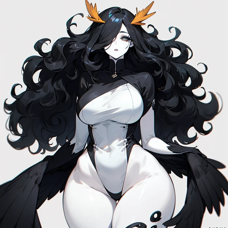 (((Alone))),(((Bird Woman))),(((Pale Skin))),(((Black wavy hair))), Heterogromy,(right eye green, left eye blue),(Body slight curvy),((wearing nice clothes))