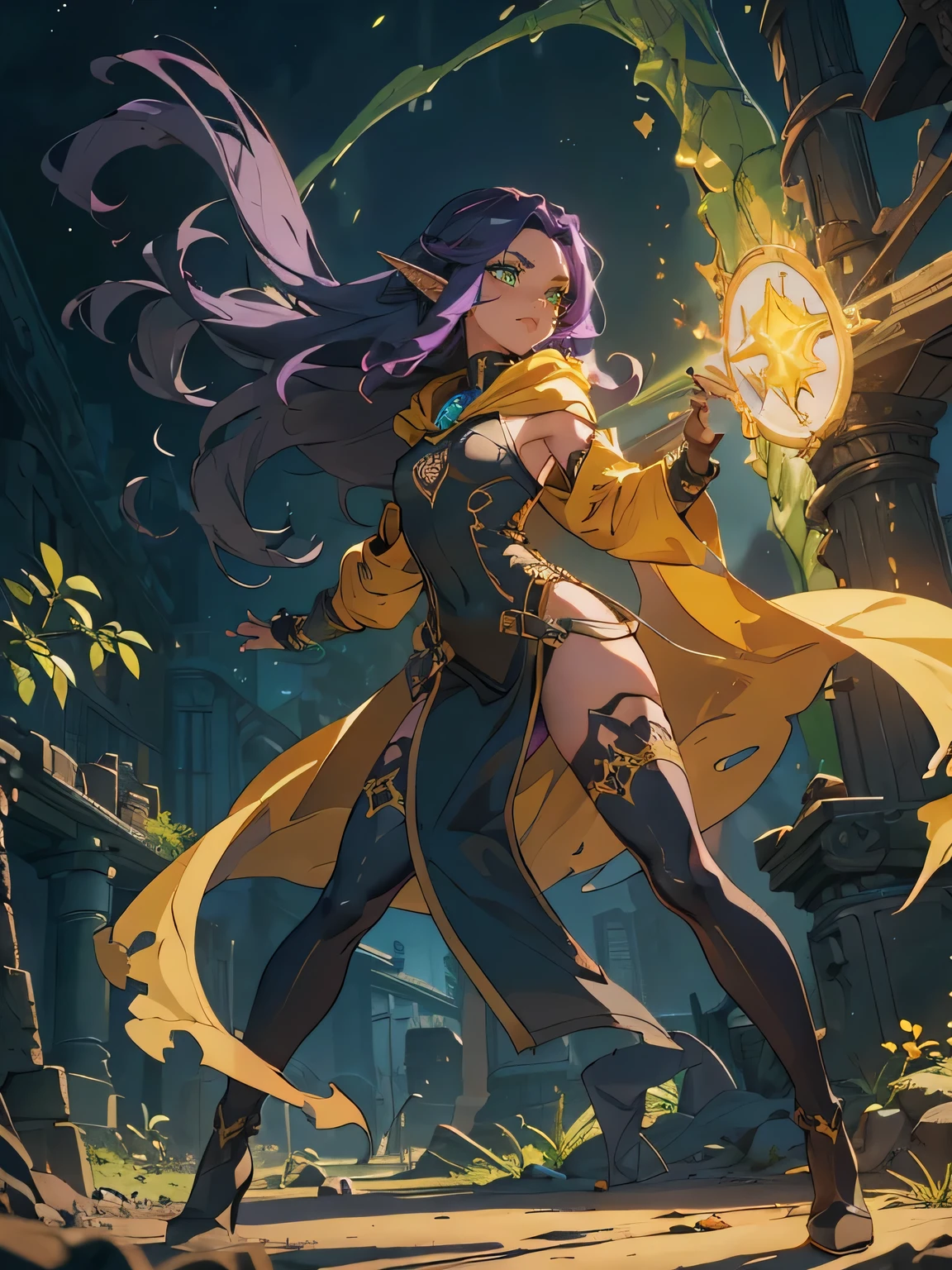 masterpiece, high quality, spacious underground ancient ruins, old library, (1_women), (full body), (exotic skin_complexion), mature, tall, beautiful, exotic, with long elf ears, (looking away from the camera), angry face, arms out, hands in front, wearing (((yellow))) hooded cloak), hood down, yellow cloak, sleeveless, black choker, (thigh highs) with purple embroidery, long fingerless leather gloves, ((small breast)), black dress, bright purple hair, long hair, wavy hair, realistic and detailed face having (((green_eyes)), dark_eyeliner, long_eyelashes), natural dynamic lighting casts detailed shadows, knee high dark brown boots, casting magical spells,