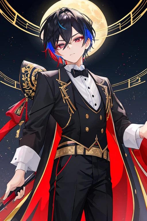 ((masterpiece:1.4,best quality))++,(Ultra-detailed)+,(best quality,Ultra-detailed,Bright colors,colorful,dynamic角度,high contrast:1.2),a little boy,Height about 145cm,Very short,Dark Shota Properties,short hair,Different pupils,Wearing a black top hat on one side of his head,Black mesh lace at base,European styleclothing,Short pants,magician服饰,傀儡element,mystery。European style,circus,magician,delicate face,Exquisite facial features,(from below:0.5), Fashion, Energetic, clothing, pose, front, colorful, dynamic, background, element, confidence, Express, statement, Accessories, majestic, coil, around, Scenes, cover, Bold, striking, Fashion, font, catchy, striking, modern, Fashion, focus, Fashion,night,moon,stage,Performance,声势浩大的Scenes,light