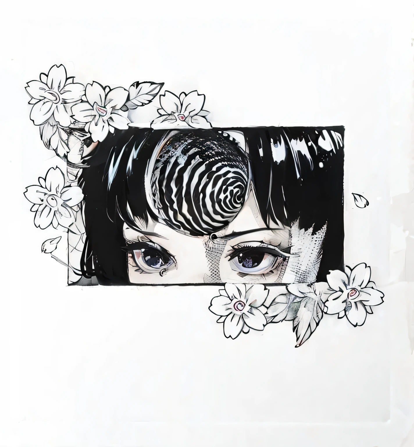 um desenho de uma mulher com uma flor no cabelo, em estilo de junji ito, inspirado em Junji Ito, ito junji arte, It&#39;s Junji&#39;s style, junji ito tons, Sutil Junji Ito, arte de junji ito, shohei otomo, This is Junji&#39;s art style, Uzumaki de Junji Ito