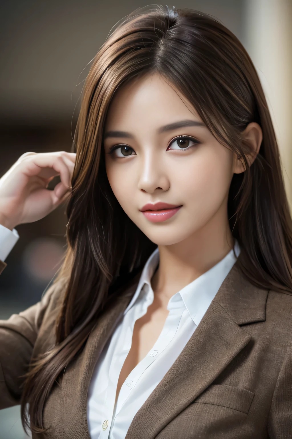 table top, highest quality, realistic, Super detailed, finely, High resolution, 8k wallpaper, 1 beautiful woman,, light brown messy hair, wearing a business suit, sharp focus, perfect dynamic composition, beautiful and detailed eyes, thin hair, Detailed realistic skin texture, smile, close-up portrait, model body shape