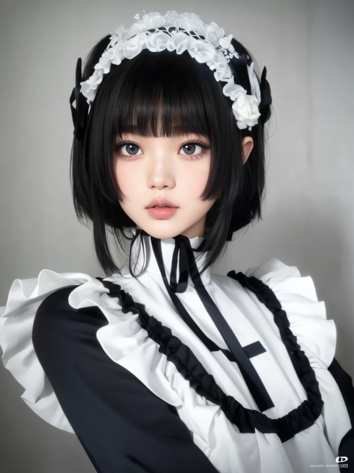 Detailed face, Cute face, Uekura, One Girl, Black Hair, White Background, have, dress, footwear, wing, Simple Background, sign, flower, Manicure, Wide sleeves, Long sleeve, blush, animal, white flower, alone, whole body, View your viewers, High heels, Frills, bow, bangs, ribbon, +_+, shoes, short hair, Grey Eyes, shoes, Blue Claws,