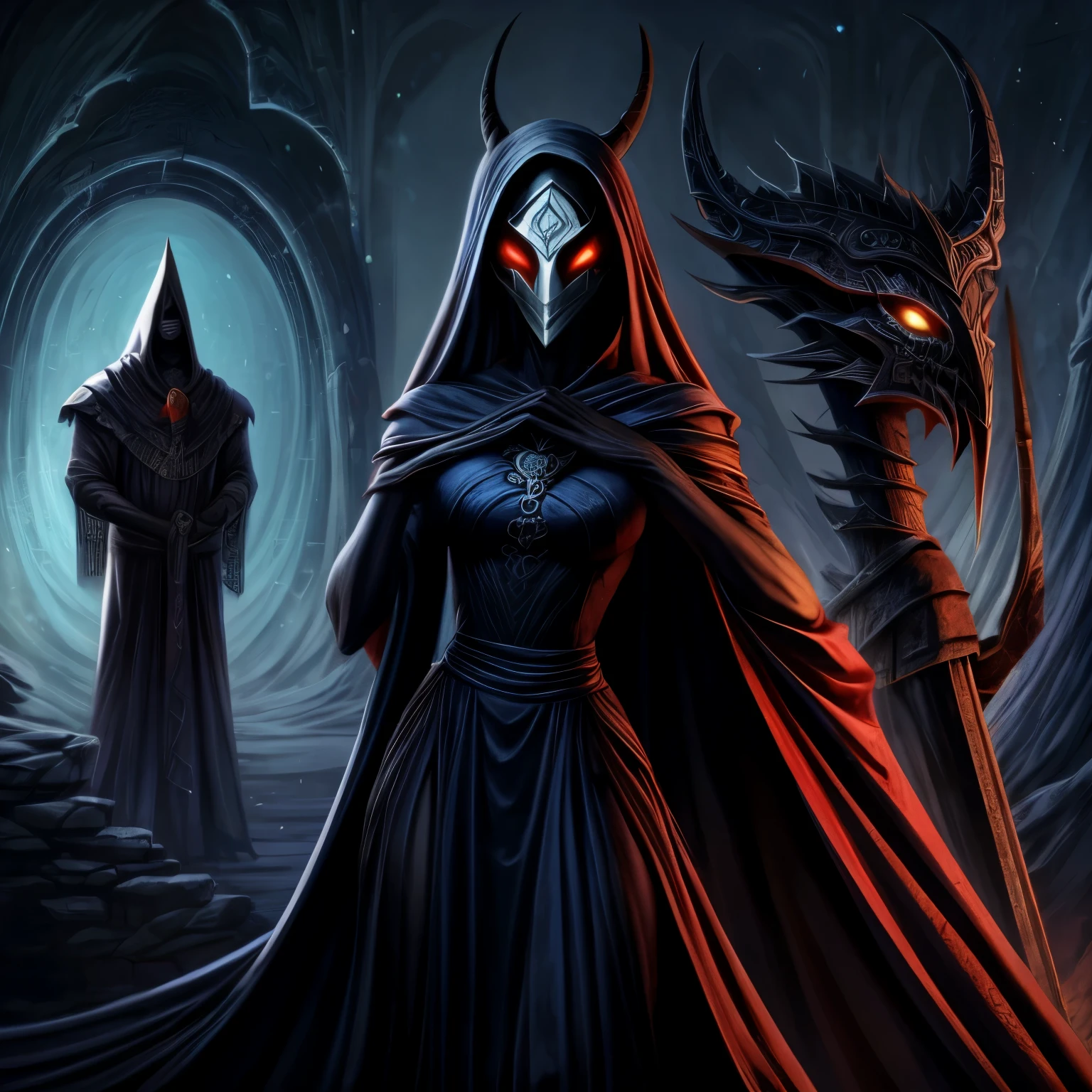 1 garota, com pernas finas e longas, long arms, vestido preto, in each hand a war ax , ao fundo um deserto a noite, the girl wears a Chinese ceramic mask covering her face, perigoso, sobrenatural, soul hunter for the devil, morte , Slender Man, fantasia, cabelos longos.