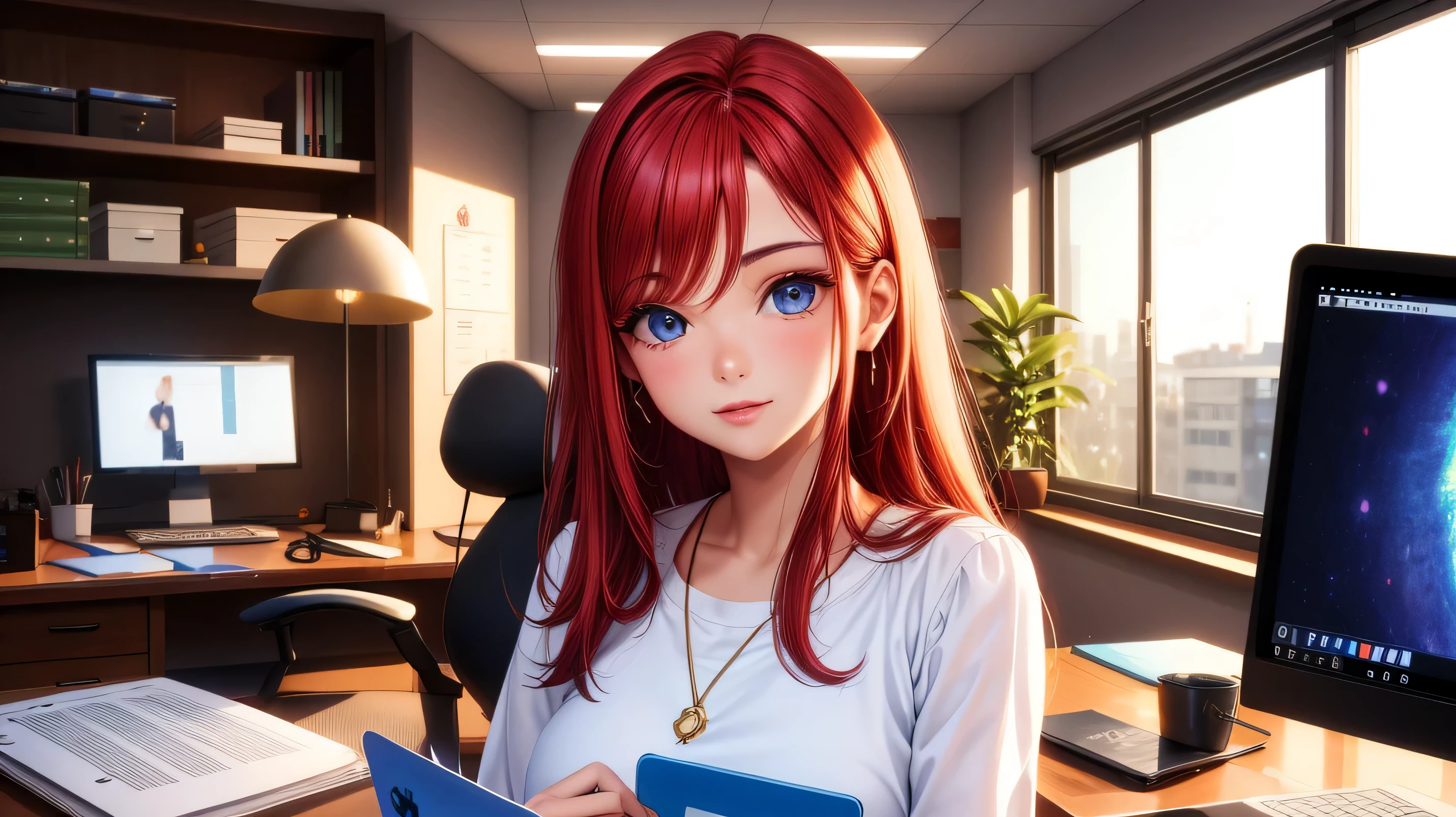 realista, 1 garota, seios grandes, cabelo vermelho, olhos azuis, olhos brilhantes, corte superior, roupa social, working in an office with macbook, 8k, full hd, cinematographic