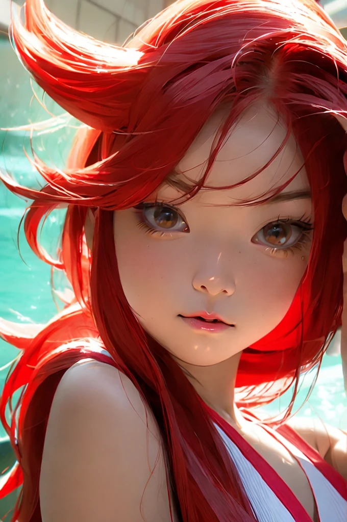 Chica anime with long red hair and a bikini, estilo artístico anime moe, cute Chica anime, cute Chica anime portrait, pretty Chica anime, portrait of cute Chica anime, retrato realista kawaii, visual anime de una linda chica, cute Chica anime portraits, portrait Chica anime, retrato de estilo anime, marin kitagawa fan art, (Chica anime), beautiful Chica anime, parte superior del cuerpo