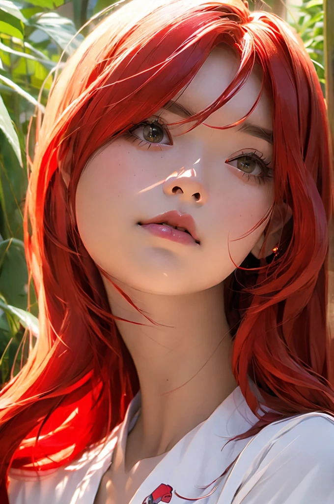 (highres, best quality:1.2), (realistic:1.37), portrait, red-haired woman, sunlight, flowing hair, serene expression, ethereal atmosphere, vibrant colors, warm tones, soft shadows, subtle highlights, gentle breeze, graceful pose, natural background, bokeh