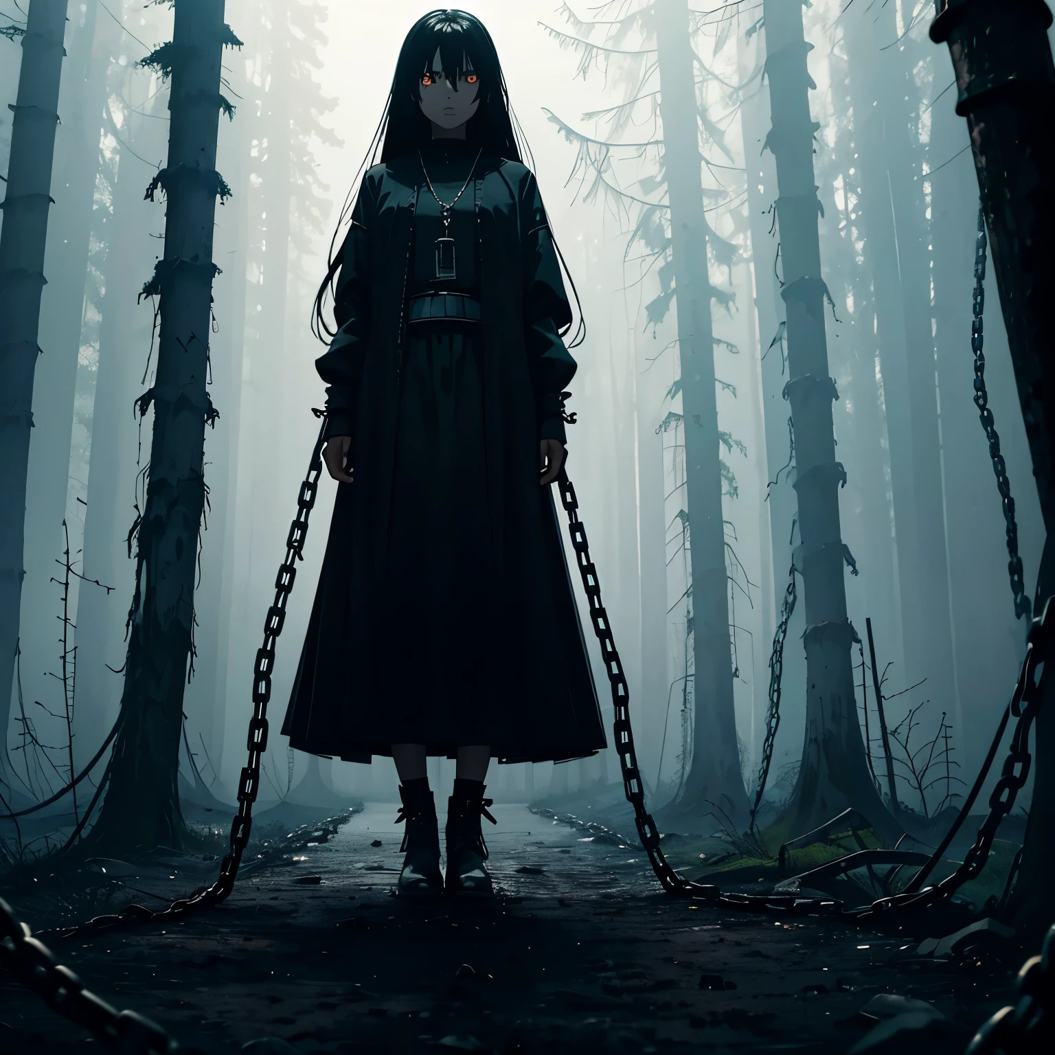 full body portrait, dark fantasy, dystopian atmosphere, gloomy image, horror, hopelessness, loneliness, girl silhouette, demon girl silhouette, dark skin, dark black skin, black skin, ash skin, black ash skin, bright orange eyes, low gaze, Black Ash hair, long hair, open belly, many cast iron chains around, many chains, chain, chained to the ground, many chains on the ground, stands, forest with thick and decaying fog in the background, dark night, black sky, completely black night, night with a moon, dark atmosphere, dark and cloudy sky, gloomy and decaying forest with thick fog