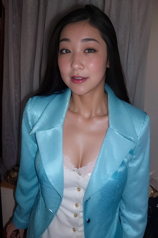 there is a woman in a blue jacket and white top, in a blue qipao, Wearing Blue Cheongsam, wearing blue jacket, wearing a blue jacket, Jen Gee, 派手なwearing a jacket, (((Long wavy brown hair))),rich bust、Clothes with front opening、asian women, wearing a blue robe, Chinese female, 3 / 4 View Portrait, wearing a jacket, wearing a light blue suit, blue jacket、((white, beautiful skin))、red lips、glossy lips、(((silky hair))) 、20-year-old、With bangs、(((pearl necklace)))