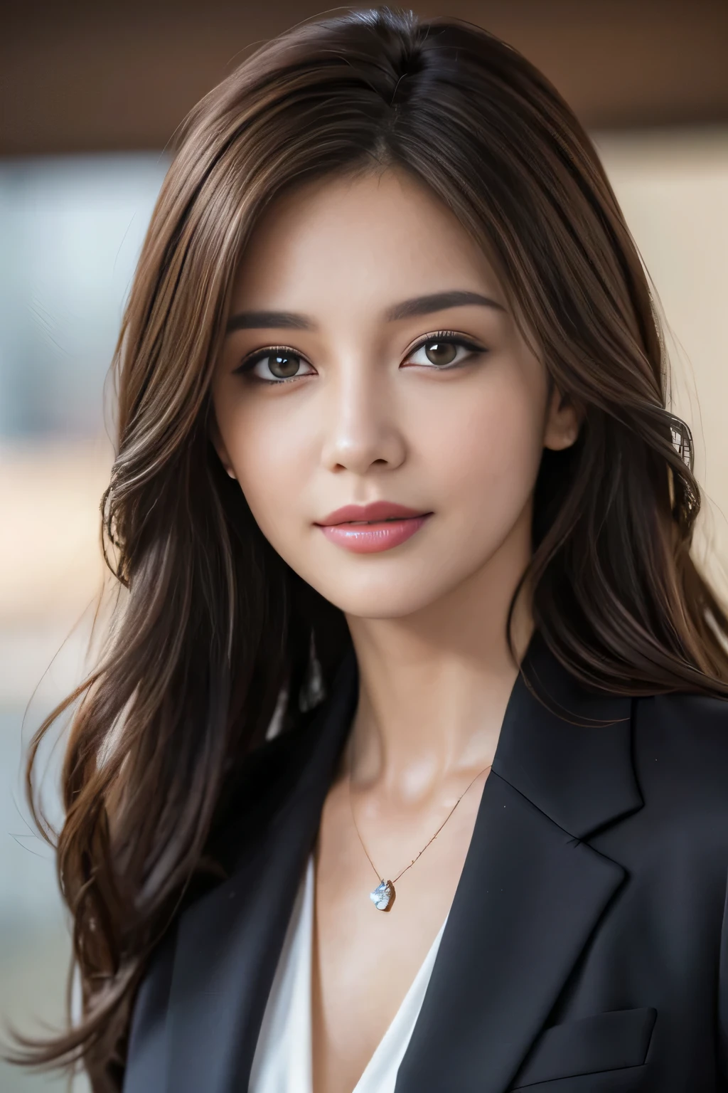 table top, highest quality, realistic, Super detailed, finely, High resolution, 8k wallpaper, 1 beautiful woman,, light brown messy hair, wearing a business suit, sharp focus, perfect dynamic composition, beautiful and detailed eyes, thin hair, Detailed realistic skin texture, smile, close-up portrait, model body shape