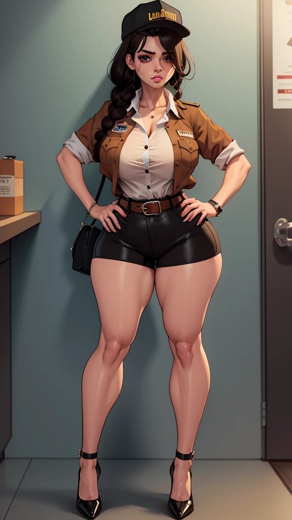 Mujer con uniforme de UPS, formal brown button down shirt, shorts formales de UPS cafe, gorra caqui, belt, camisa fajada, cabello negro de cola de trenza, calcetas altas blancas, zapatos negros