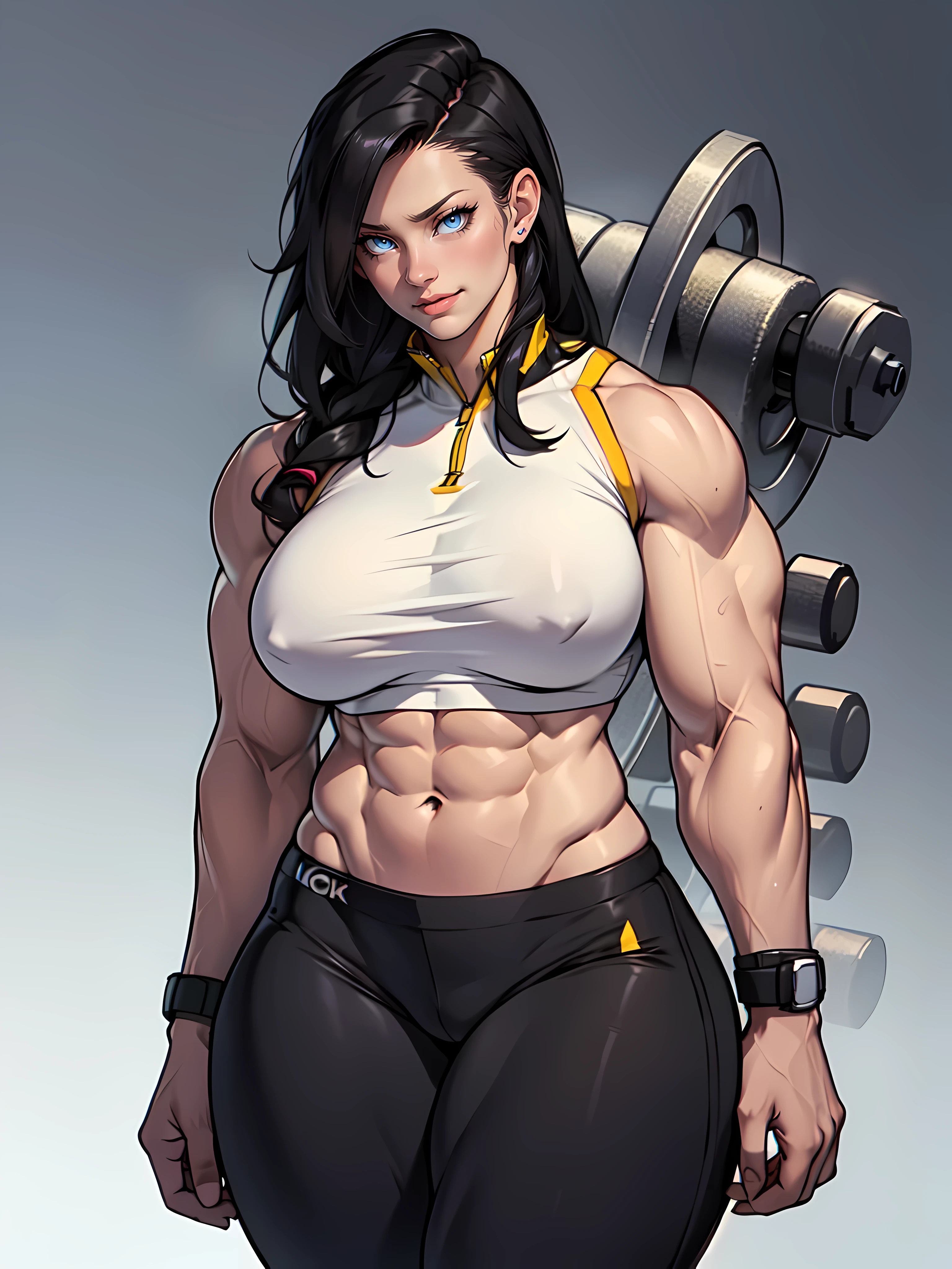 (muscular girl thin waist large breasts thick) pale skin black hair yellow eyes, (((accurate anatomy))), ((wide hips)), (((Huge breasts))), ((long legs)), ((Female Bodybuilder)), ((((Muscular Legs)))), ((((Huge Muscles))))