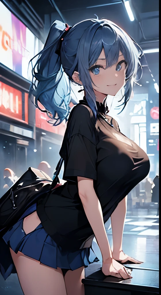 top-quality、Top image quality、masterpiece、girl with((18year old、Best Bust、Medium bust、Bust 85,Beautiful blue eyes、Breasts wide open,Black Short Sleeve T-Shirt、White see-through、Black short skirt、Ponytail with black hair、grin、Fashionable bags、Beautiful blue earrings、emphasis on the buttocks、A slender、Height 175cm,posterior view、Leaning forward、Blue hair mesh))hiquality、Beautiful Art、Background with((Inside the cinema、Red and blue lighting)),masutepiece、Elaborate design、visualart、depth of fields、The best lighting、highestdetailed、