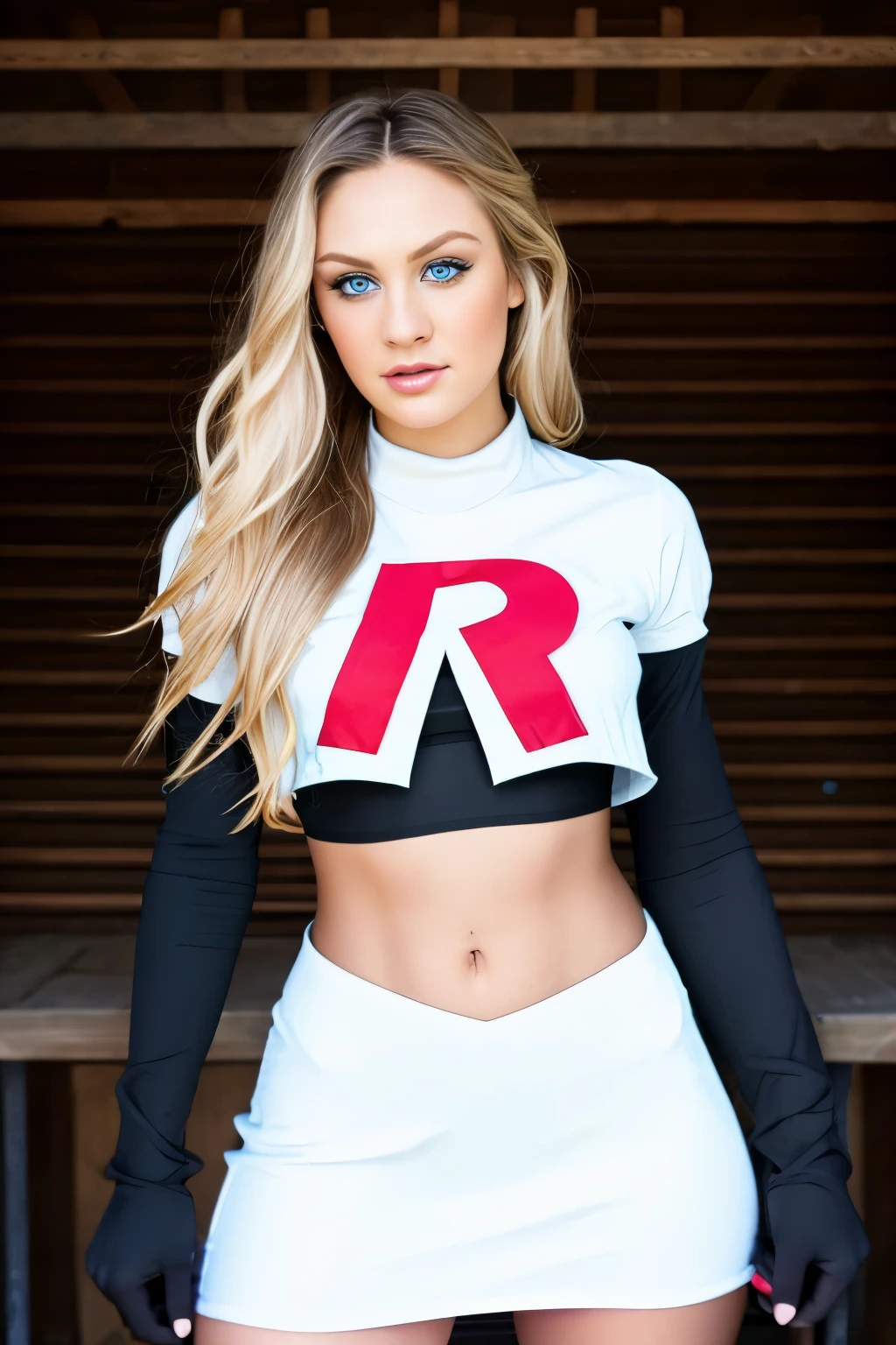 a Realistic photo of c4nd1c3sw woman wearing team rocket,team rocket uniform,white skirt,red letter R,crop top,black thigh-highs,black elbow gloves, long hair, breasts, looking at viewer, blue eyes, blonde hair, 