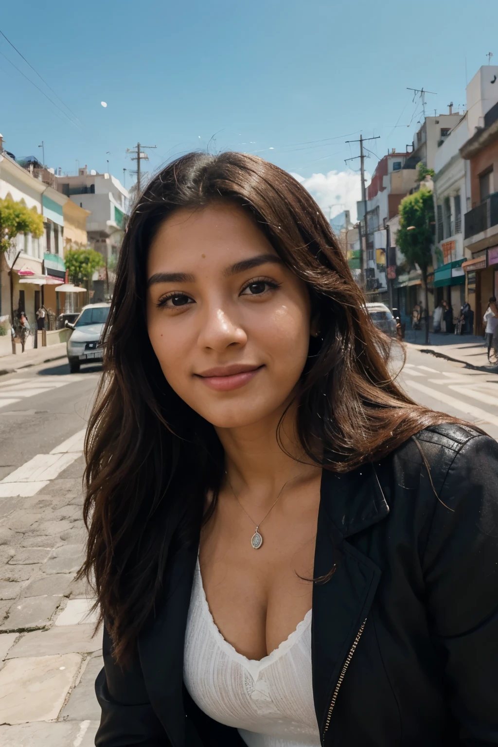 ((Mejor calidad)), ((obra maestra)), (detallado)es una joven mexicana, radiant like the rays of the sun on the streets of Mexico City. His cinnamon skin radiates the energy of the neighborhood streets, mientras que su cabello oscuro ondea con la brisa de la avenida Reforma. Sus ojos, deep like the Zócalo, cuentan historias de tradiciones arraigadas, and his smile is as colorful as the murals on the streets of Coyoacán. Su estilo, a mix of urban modernity and the authentic essence of local squares, la convierte en un verdadero reflejo de la belleza mexicana. Cabello muy Negro , super realistic image , muy real , comiendo un churro mexicano