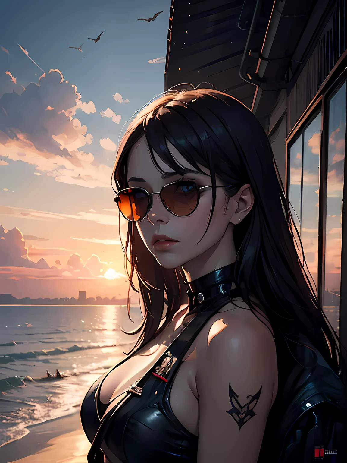 molly millions, portrait of a beautiful cyberpunk woman, sunglasses, shoulder long hair, cyberpunk, beach samurai, sunset, neuromancer, cyberpunk city background, megacity, gorgeous view, depth, high detail, digital art, painted by greg rutkowski, painted by seb mckinnon, trending on artstation