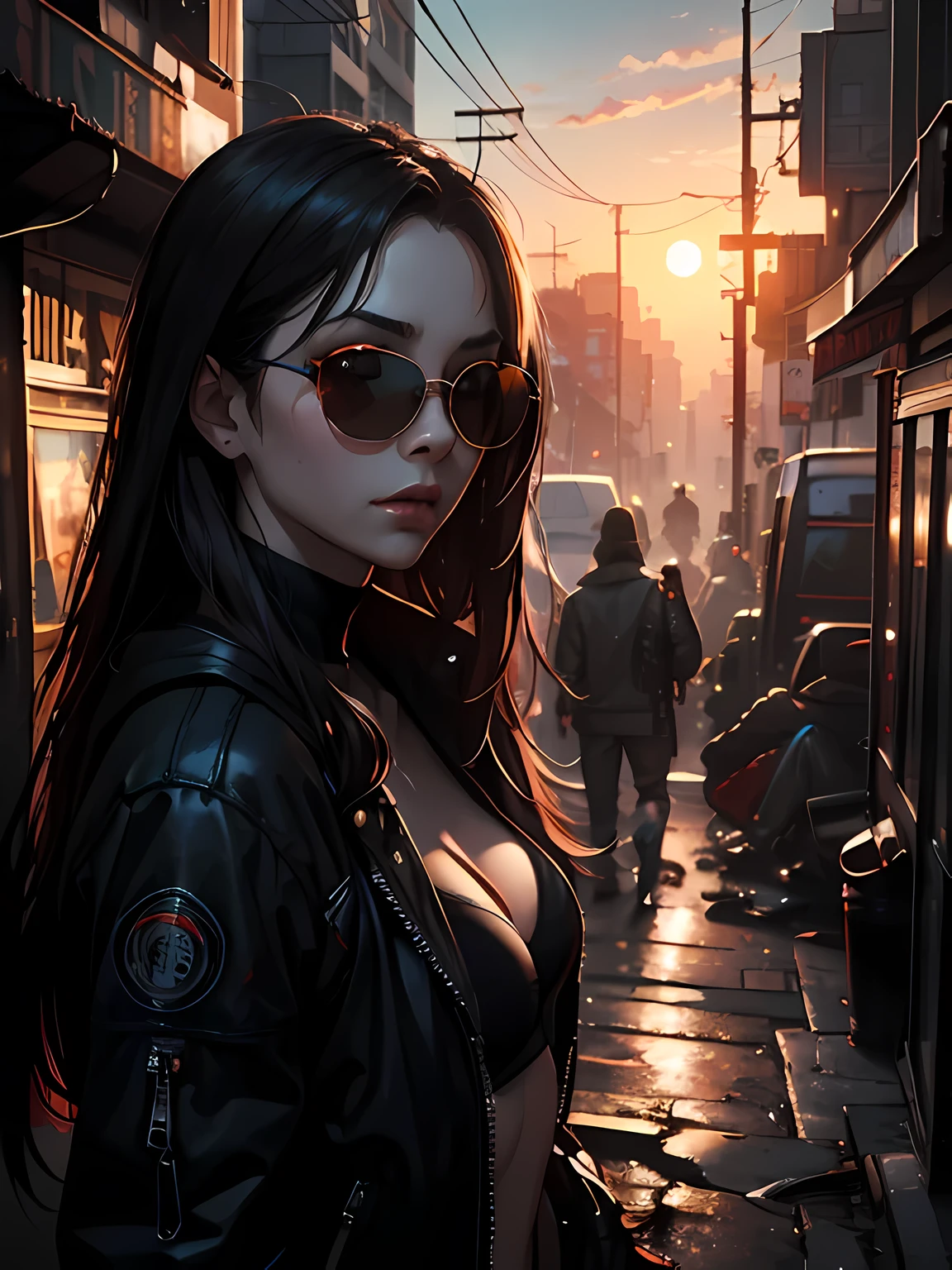 molly millions, portrait of a beautiful cyberpunk woman, sunglasses, shoulder long hair, cyberpunk, beach samurai, sunset, neuromancer, cyberpunk city background, megacity, gorgeous view, depth, high detail, digital art, painted by greg rutkowski, painted by seb mckinnon, trending on artstation