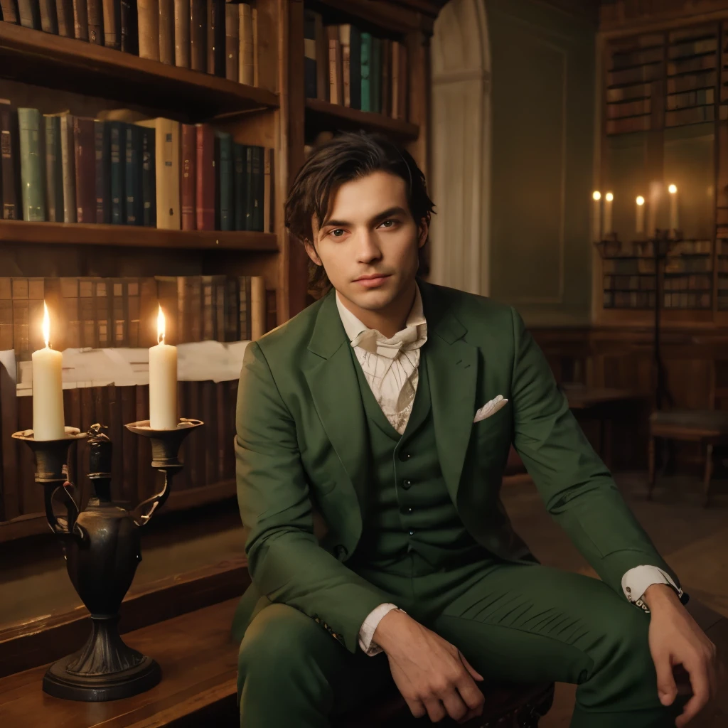 dark haired man wearing an eclectic green suit, sitting in an 18th Century Library, warmly lit, candlelight, gothic.